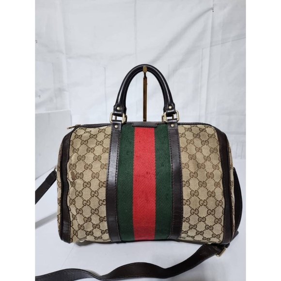 Authentic Gucci GG Canvas Leather Medium Vintage Web Boston Satchel Bag Brown/Be - Picture 13 of 16